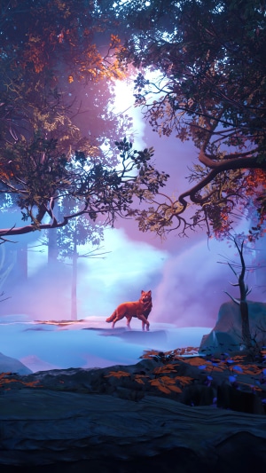 A fox stands in a misty, colorful forest