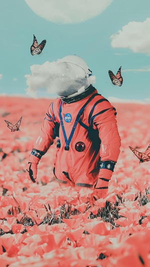 Astronaut in a field of flowers with butterflies