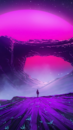 Fantasy landscape with a lone figure under a large pink moon