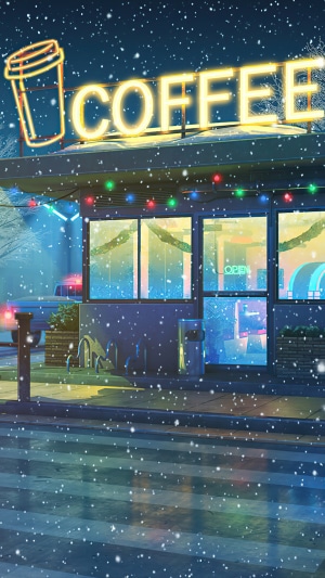 Coffee shop with neon sign and Christmas lights at night