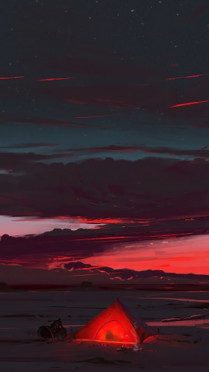 Tent glowing red under a dramatic sunset sky with stars