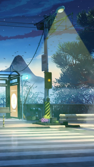 Bus stop at night with mountain scenery