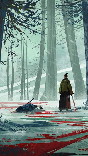 Samurai in a snowy forest after a battle