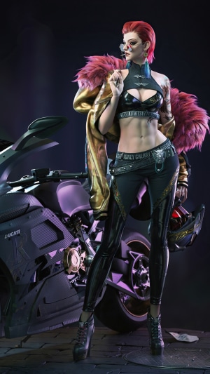 Cyberpunk girl with pink hair and motorcycle