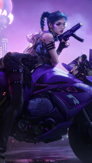 Cyberpunk girl with gun on a motorcycle