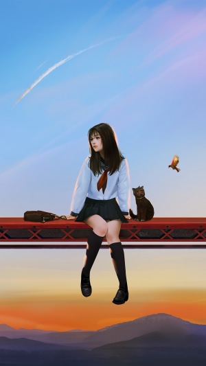 Anime girl in school uniform sitting with cat and bird