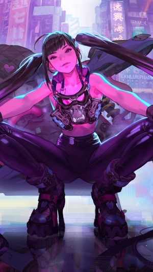 Cyberpunk girl with pigtails and gas mask