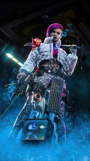 Cyberpunk girl with katana and gun smoking
