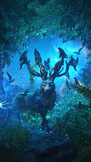 Fantasy deer with antlers and birds in a forest