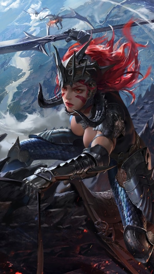 Fantasy warrior girl with red hair and dragons