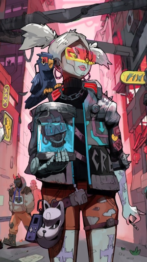 Girl with cybernetic enhancements and a bird in a cyberpunk city