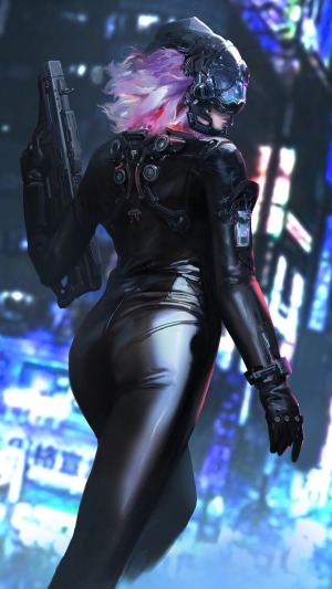 Cyberpunk girl with pink hair holding a gun