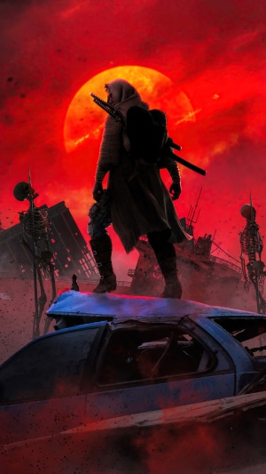 Post-apocalyptic warrior standing on a car with skeletons