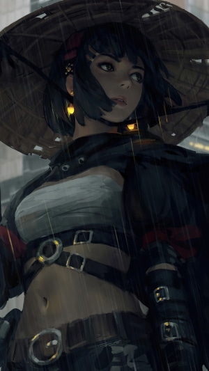 Warrior girl in a conical hat in the rain