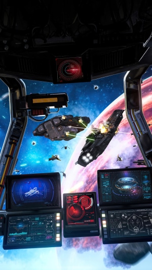 Spaceship cockpit during a space battle