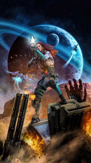 Sci-fi warrior with guns on alien planet