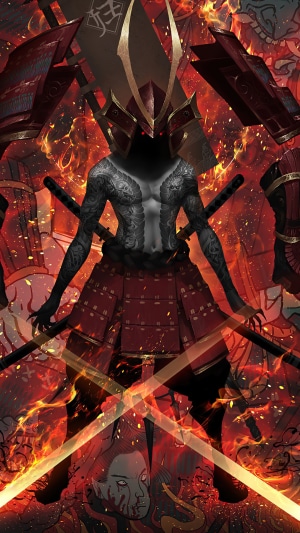 Samurai warrior with tattoos and swords