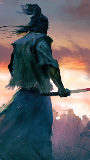 Samurai warrior with sword at sunset