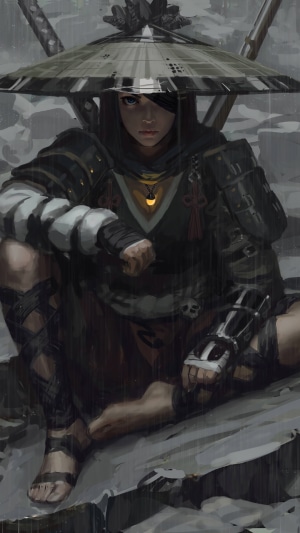 Samurai girl with eyepatch in the rain