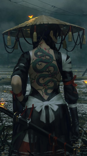 Samurai girl with dragon tattoo