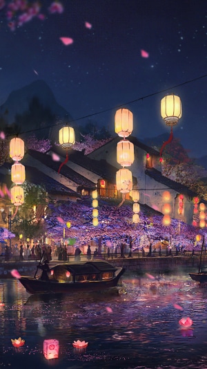 Night river festival with lanterns and cherry blossoms