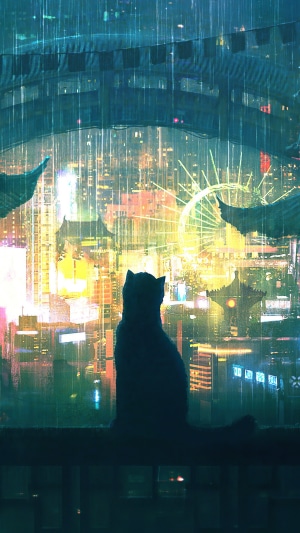 Cat silhouette overlooking a rainy neon city at night