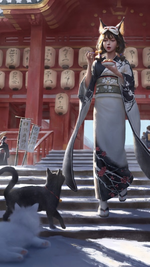 Anime girl in kimono with fox mask and cats