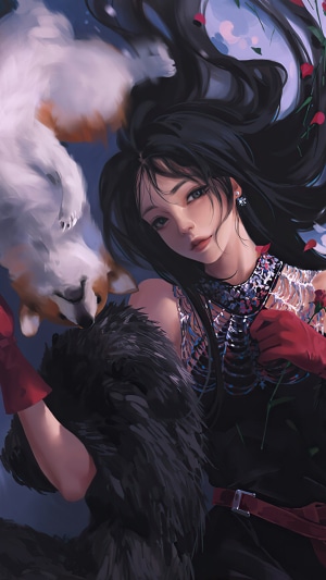 Girl with dogs and flowers