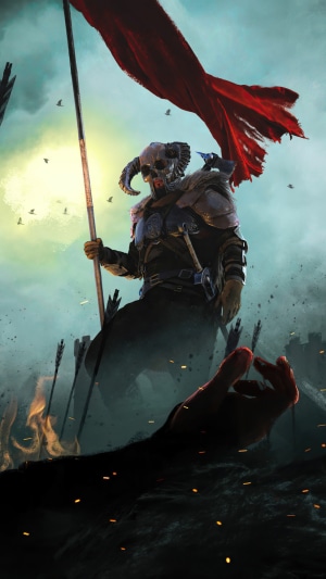 Fantasy warrior with skull helmet and red flag