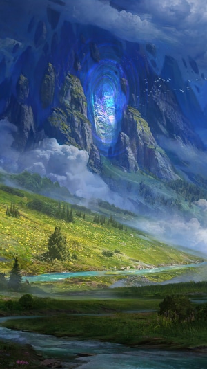 Fantasy mountain landscape with a glowing portal
