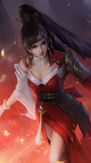 Fantasy warrior girl in red dress