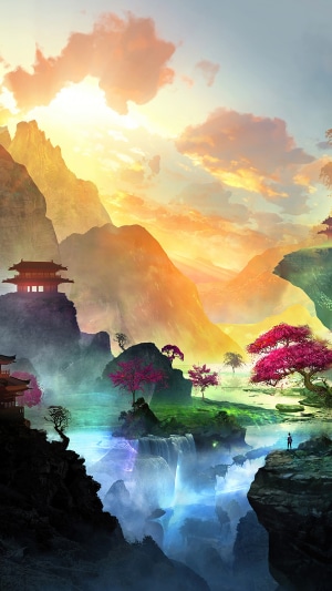 Fantasy landscape with mountains, waterfalls, and pagodas