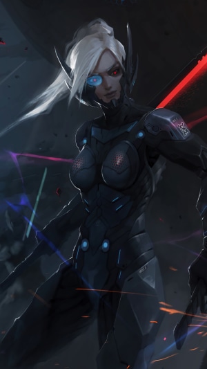 Cyberpunk girl with cybernetic eye and sword