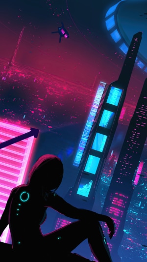 Cyberpunk city at night with a silhouetted figure