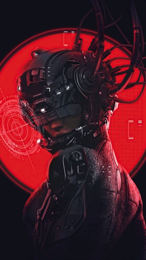 Cyberpunk girl with futuristic helmet and red background
