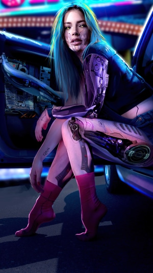 Cyberpunk girl with robotic limbs in a car