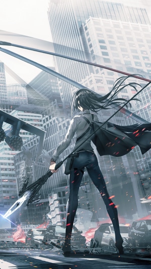 Anime girl with a spear in a destroyed city