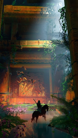Knight on horseback in ancient ruins