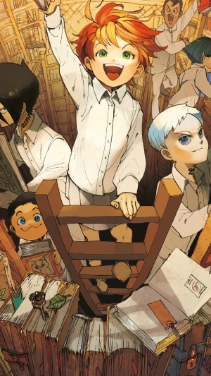 The Promised Neverland Emma, Ray, and Norman in library