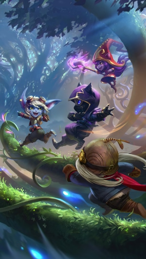 League of Legends characters running through a forest