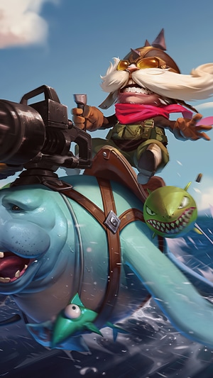Corki from League of Legends riding a sea creature