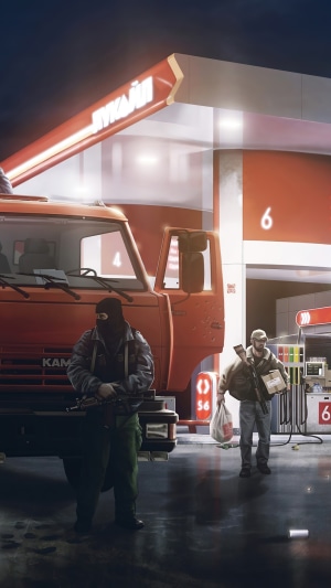 Escape from Tarkov: Two armed men at a gas station