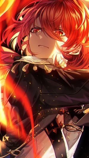 Diluc from Genshin Impact surrounded by fire