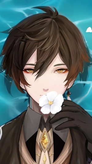 Zhongli from Genshin Impact holding a white flower