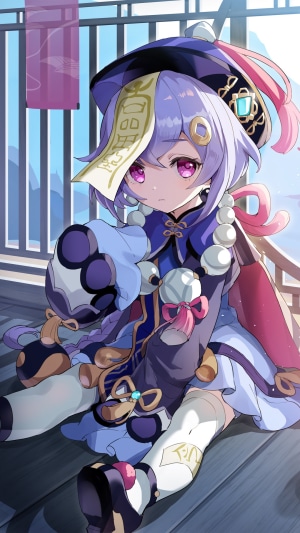 Qiqi from Genshin Impact sitting on a wooden floor