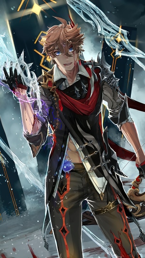 Tartaglia from Genshin Impact wielding hydro powers
