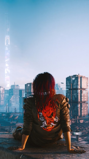 Cyberpunk 2077 Samurai character sitting on rooftop