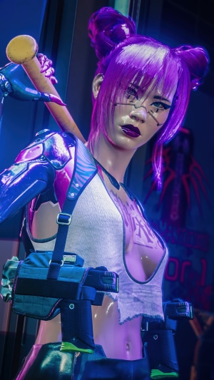 Girl with baseball bat and guns from Cyberpunk 2077