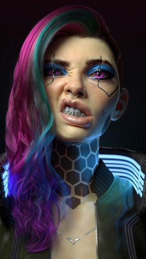 Female character with pink and teal hair from Cyberpunk 2077