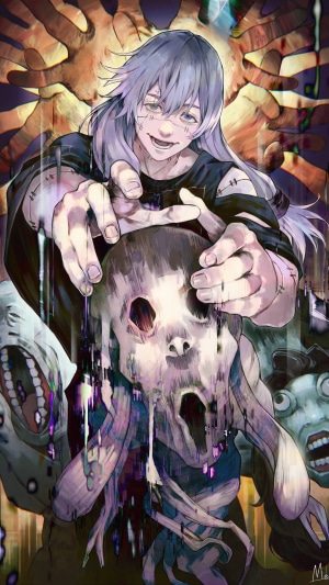 Mahito from Jujutsu Kaisen holding a grotesque skull